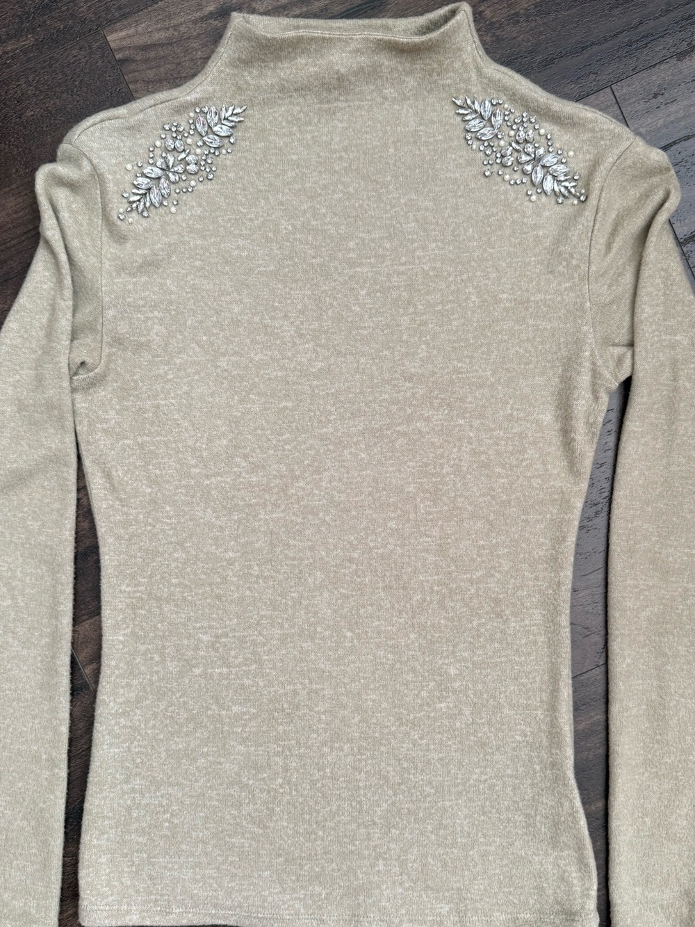 Express Embellished Mock Neck Sweater XS Rhinestone Pearl Beige Knit Holiday Chi